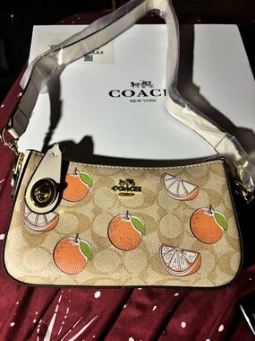 Coach Beige Signature Canvas Shoulder Bag with Orange Fruit Print